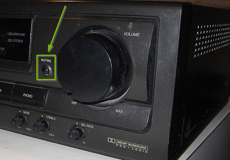 Common AV receiver with a muting button highlighted.