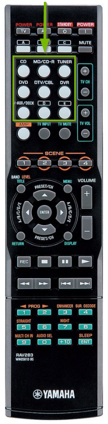 AV receiver remote highlighting button style input selection options.