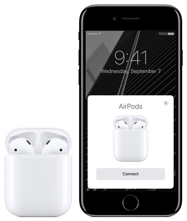 Apple AirPods near an iPhone. The iPhone displays an AirPods prompt with a connect button.