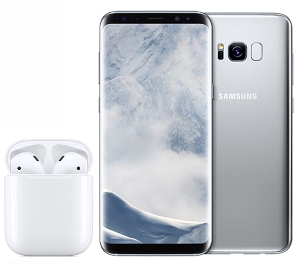 Apple AirPods case with the lid open shown beside android mobile devices.