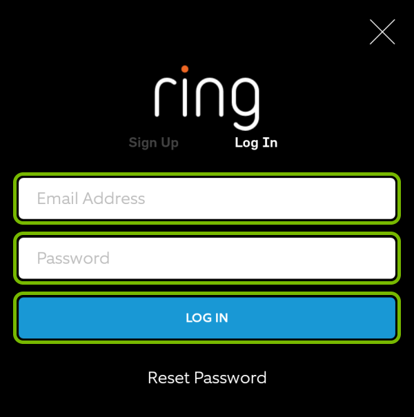 Email Address and Password fields, and Log In button highlighted in Ring app during login.