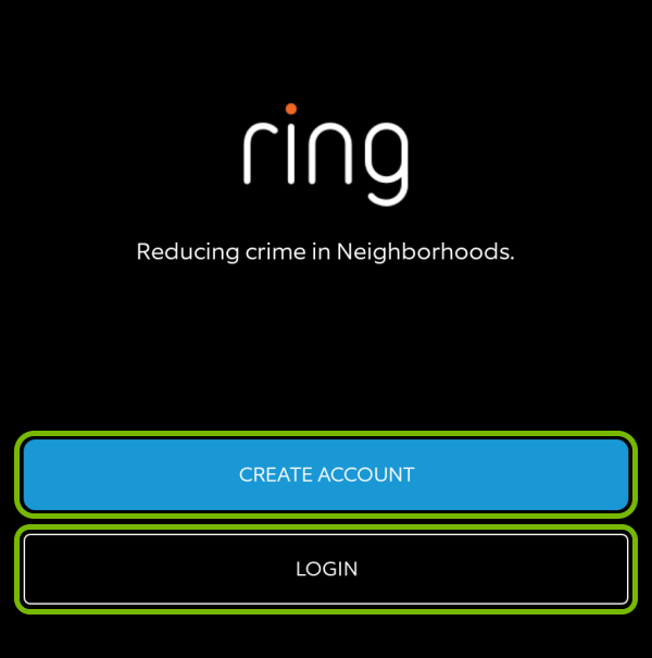 Create Account and Login buttons highlighted in Ring app during first launch.