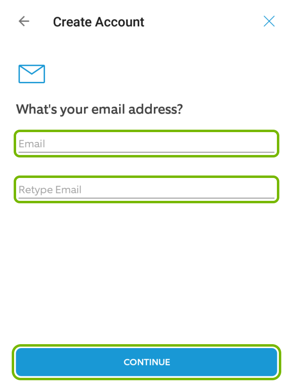 Email and Retype Email fields, and Continue button highlighted in Ring app during account creation.