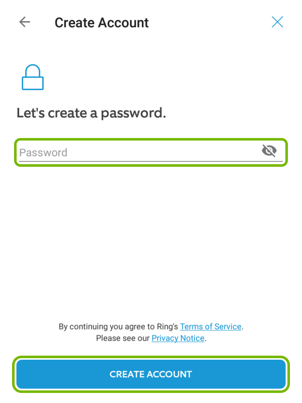 Password field and Create Account button highlighted in Ring app during account creation.