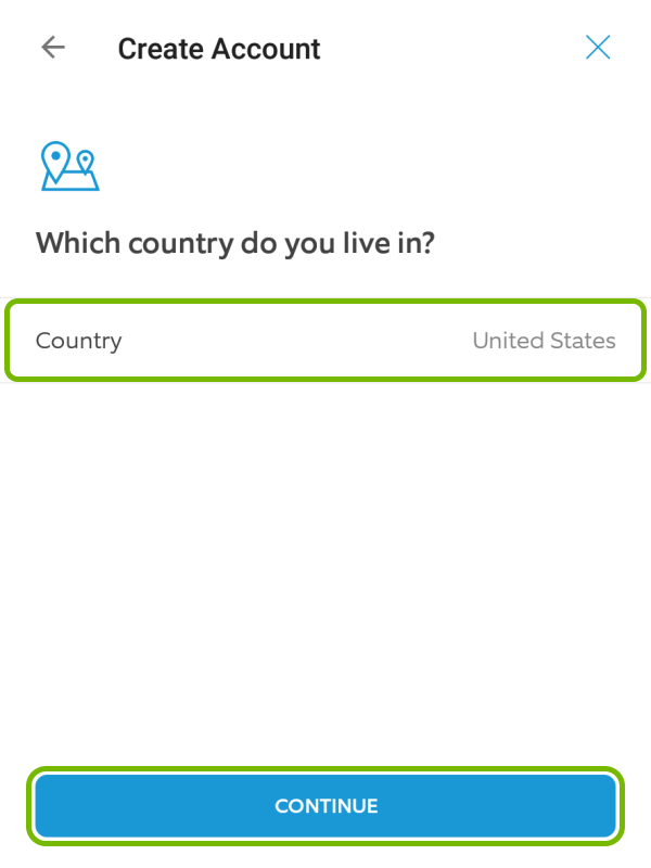 Country selection box and Continue button highlighted in Ring app during account creation.