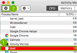 macOS activity monitor highlighting a process and the end process button.