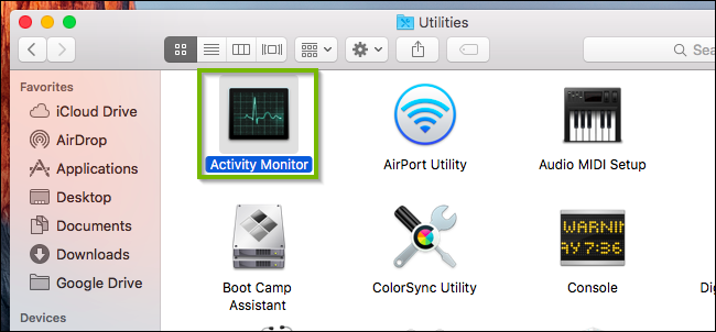 macOS utilities folder highlighting the activity monitor icon.