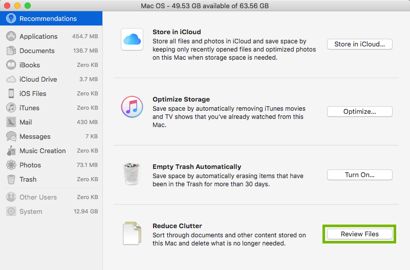 macOS manage storage window highlighting the review files button.