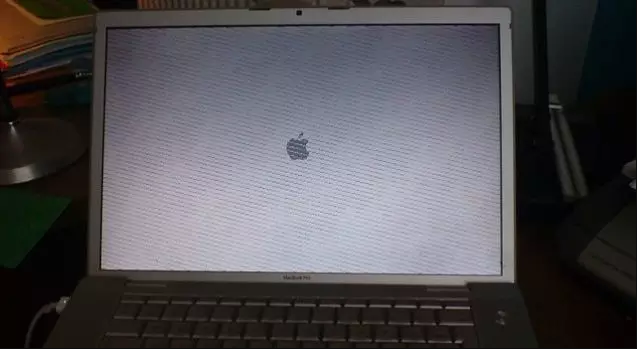 Photo of a MacBook stuck on a gray screen.