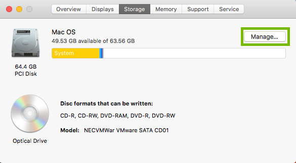 storage tab with the manage button highlighted