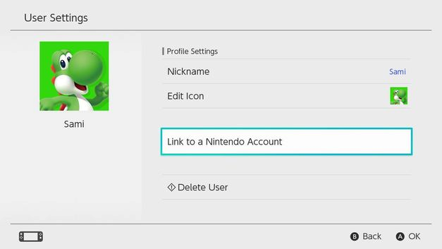 Nintendo Switch user settings menu highlighting the link to a nintendo account.