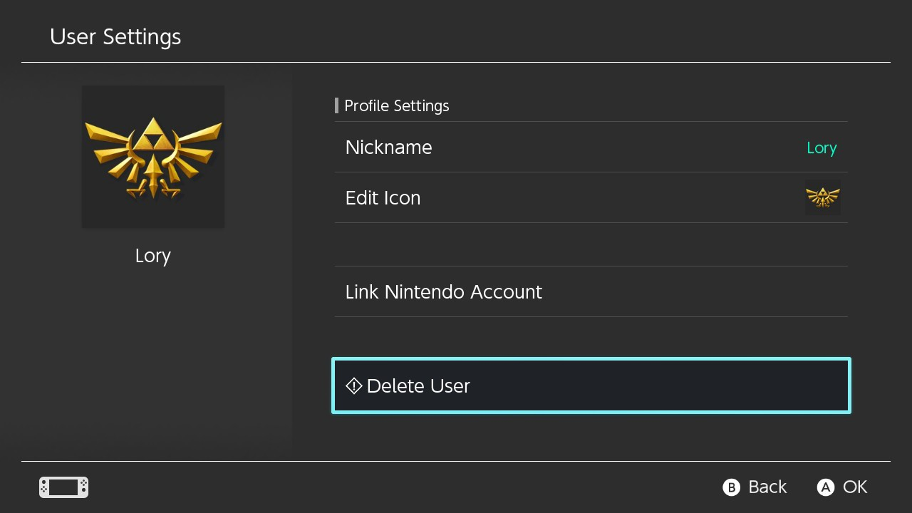 Nintendo switch user settings screen highlighting the delete user option.