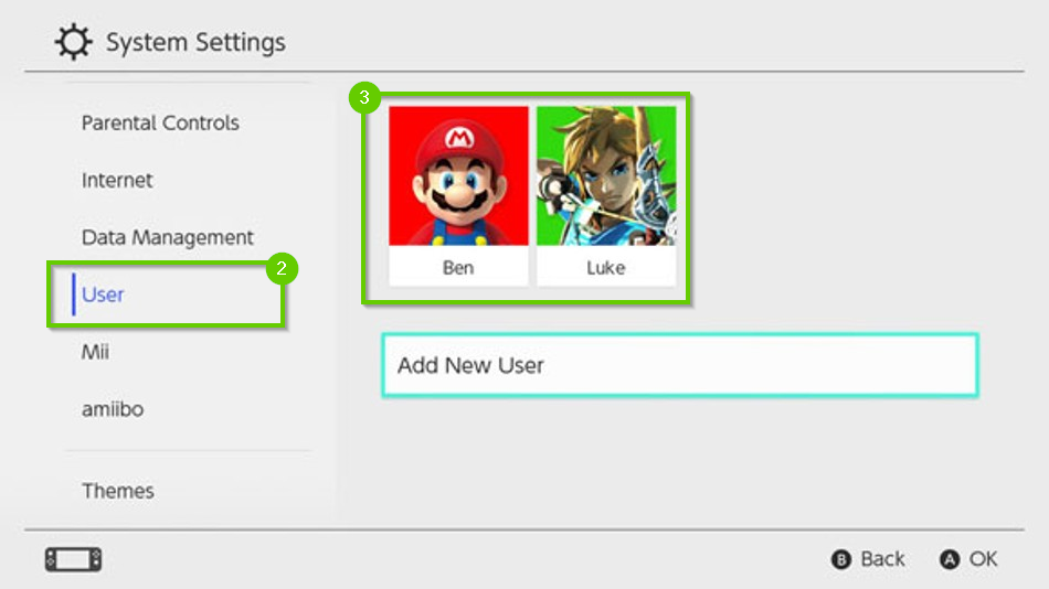 Nintendo Switch system settings menu highlighting the user option, and the available user accounts.