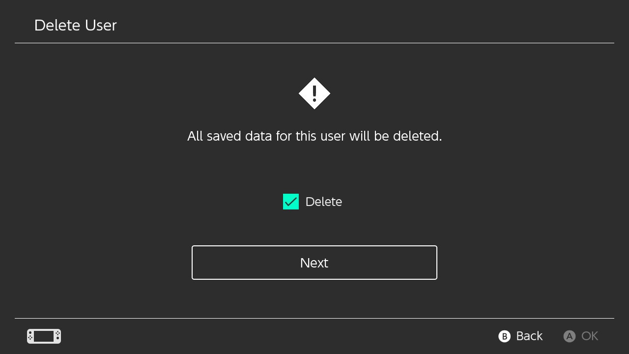 Nintendo switch delete user screen highlighting the delete check box and next buttons.
