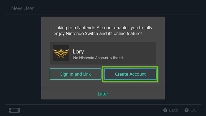 Nintendo Switch new user screen highlighting the create account button.