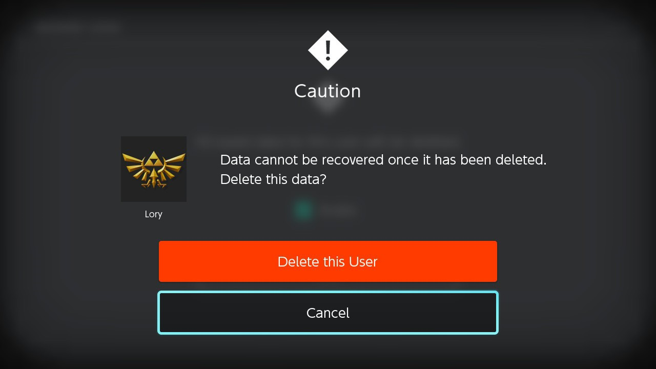 Nintendo switch delete user confirmation screen highlighting the delete this user button.
