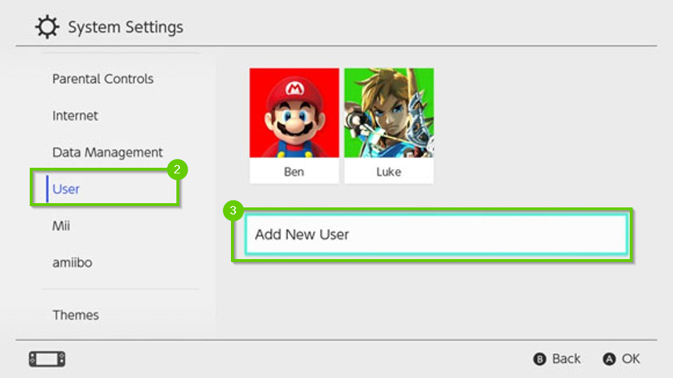 Nintendo Switch system settings menu highlighting the user option and the add new user button.