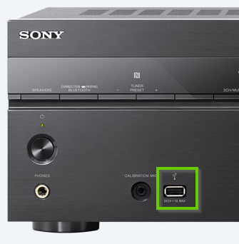 The front of a sony receiver showing the USB connection