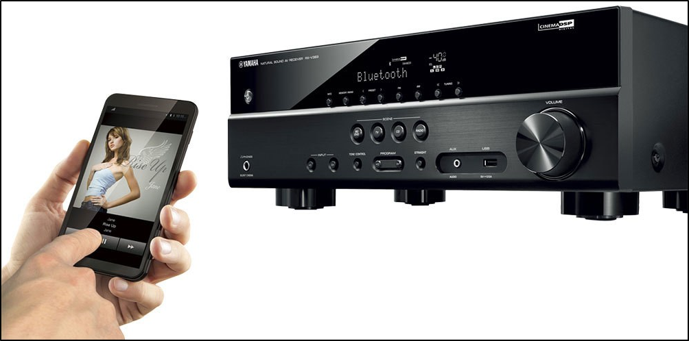 Playing music via bluetooth to AV receiver. Illustration.