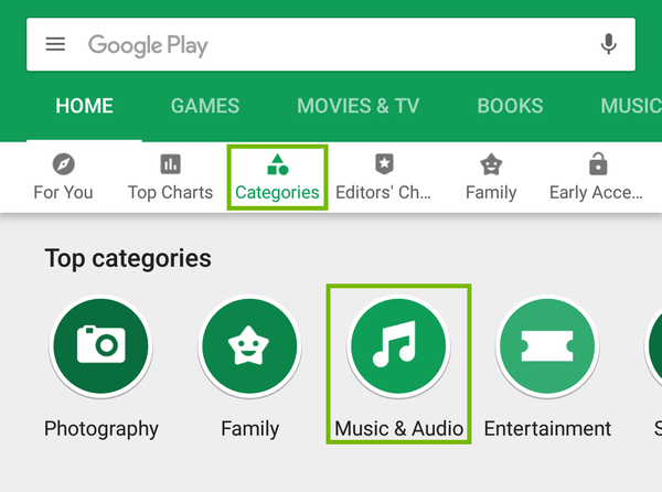 Google Play store with path to music apps highlighted.