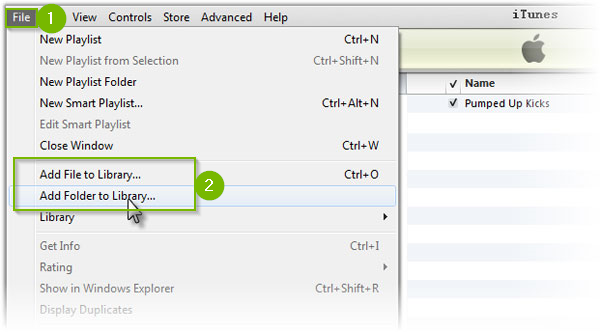 Screenshot of the iTunes interface highlighting the file menu having been clicked, with the add file and add folder to library options highlighted.