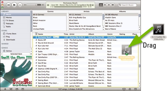 Screenshot of the iTunes interface depicting a music file being dragged over into it.