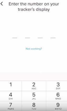 Fitbit app with prompt for code displayed on Fitbit tracker's display. Screenshot.
