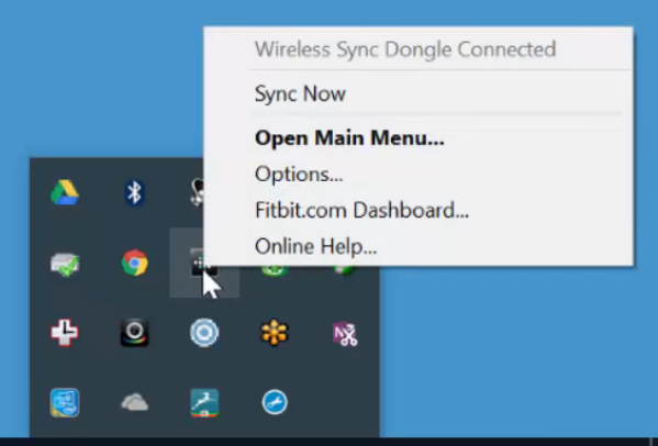 Windows 10 system tray displaying the right-click menu for the FitBit app.