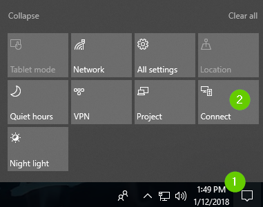 Windows 10 action center with Connect tile highlighted. Screenshot.
