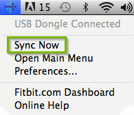 macOS menu bar highlighting the FitBit app icon having been extended with sync now selected.