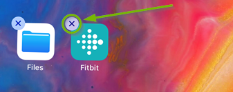 X in upper-left corner of Fitbit app icon highlighted. Screenshot.