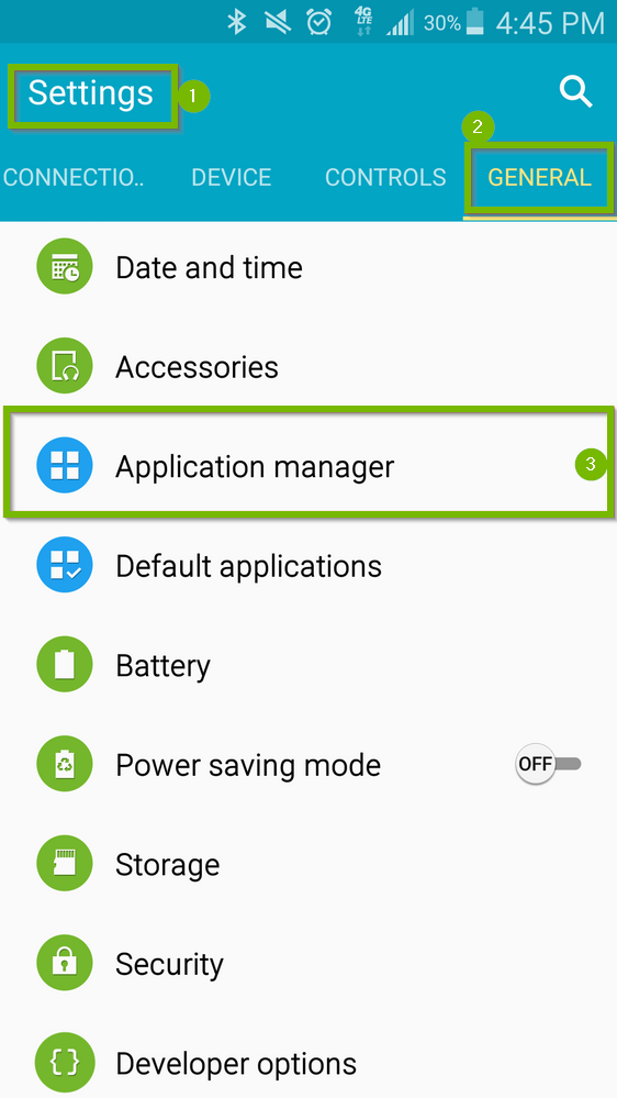 Android settings screen with Application manager selected. Screenshot.