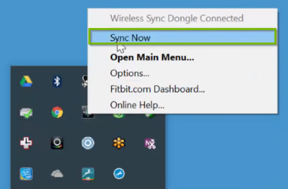 Windows 10 system tray displaying the right-click menu for the FitBit app with sync now highlighted.