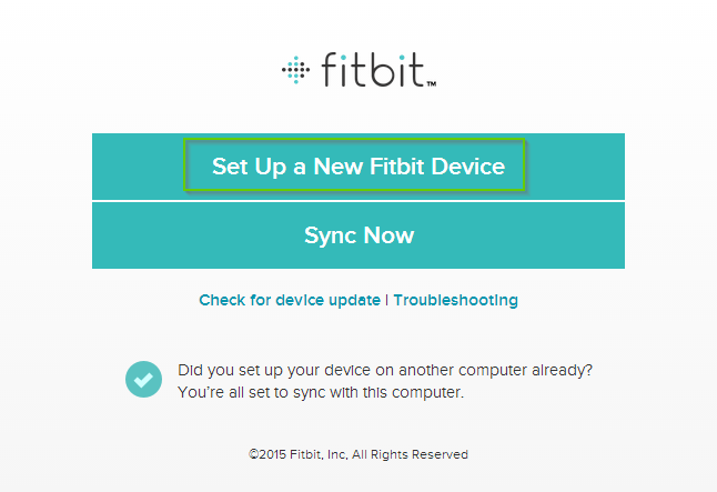 Fitbit first time setup with Set Up a New Fitbit Device selected. Screenshot.