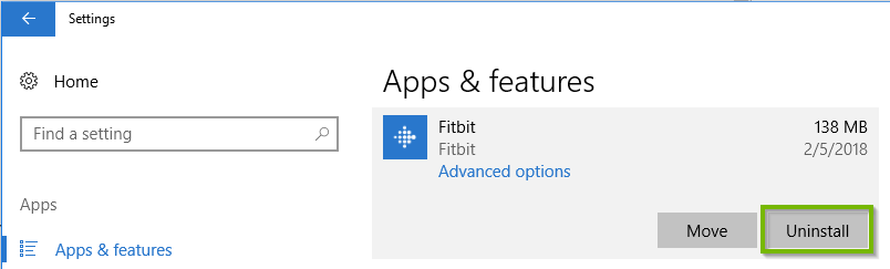 Fitbit app shown in the apps screen with Uninstall button highlighted. Screenshot.