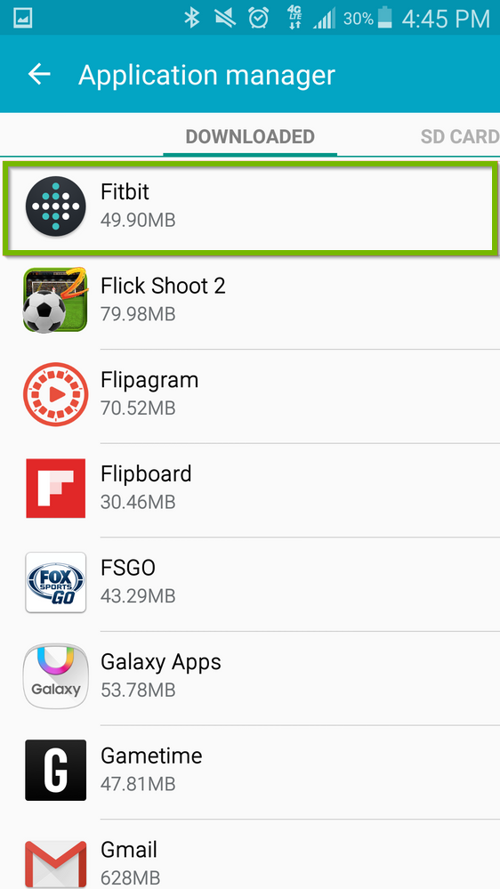A list of installed applications with Fitbit selected. Screenshot.