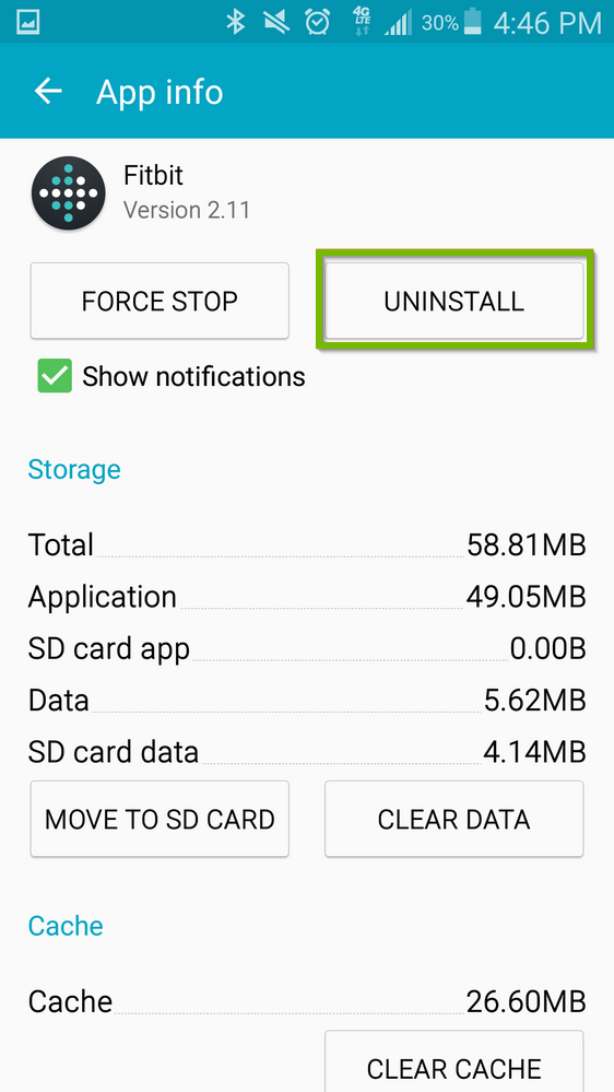 Fitbit App info screen with Uninstall button selected. Screenshot.