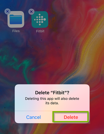 Delete Fitbit popup with Delete button selected. Screenshot.