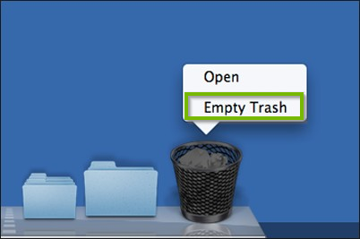 Trash bin icon shown in the dock with context menu and Empty trash highlighted. Screenshot.