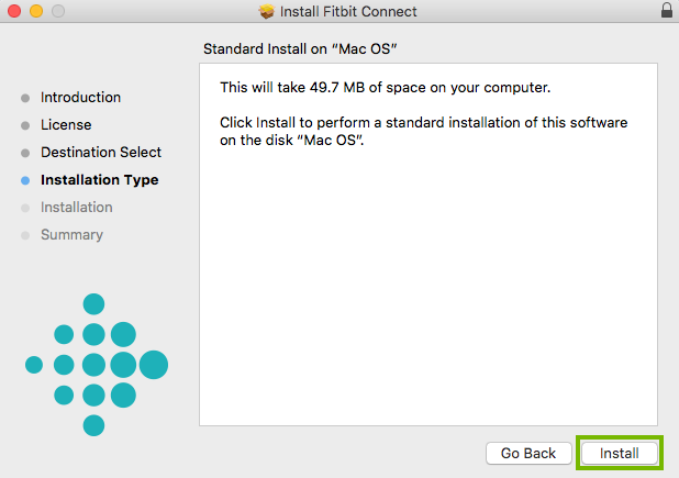Installer with space requirements and install button is highlighted