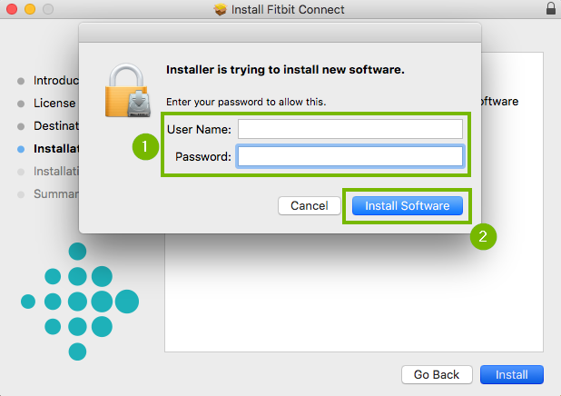 Installer with username and password highlighted and then install software button is highlighted
