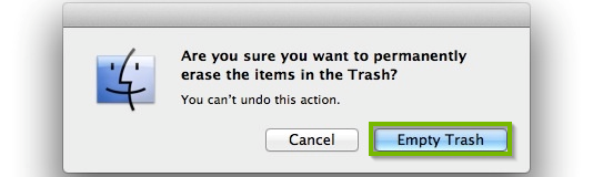 Empty trash confirmation box with Empty trash selected. Screenshot.