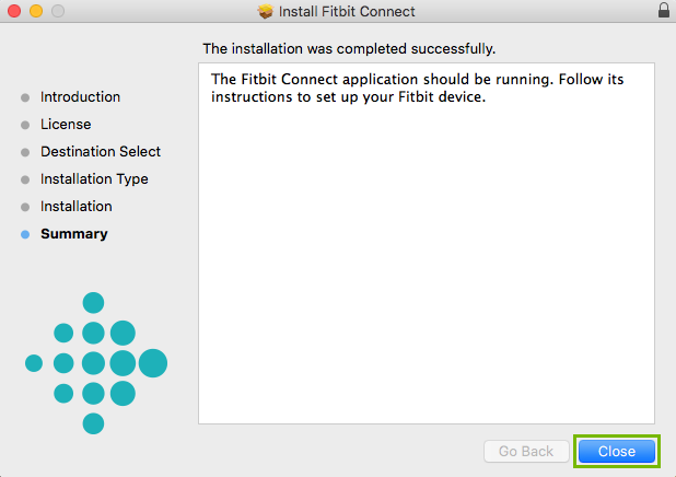 Installer finished with close button highlighted