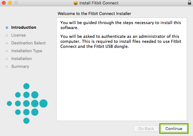 Installer introduction with continue button highlighted