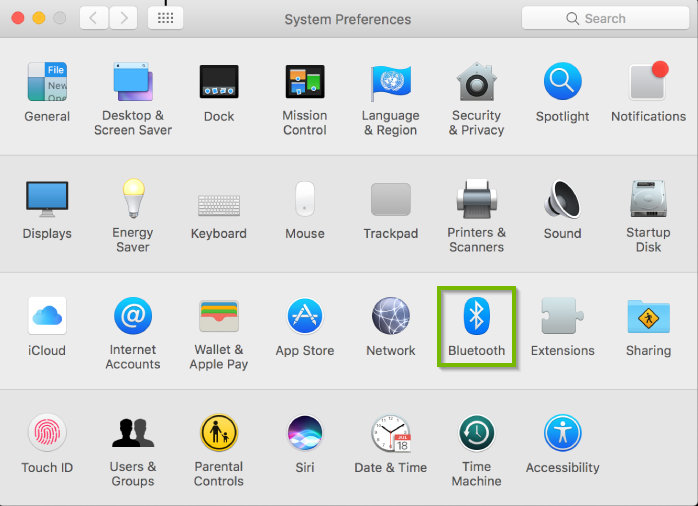 System Preferences window with Bluetooth selected. Screenshot.