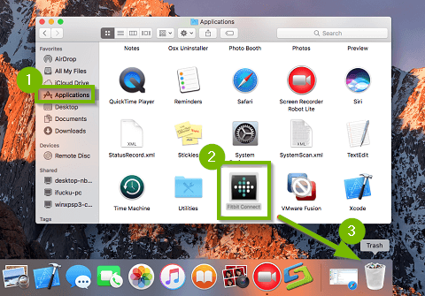 Application window with generic application selected. Application is shown being dragged to trash bin. Screenshot.