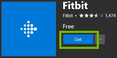 Microsoft Store with Fitbit app landing page and highlight on Get button. Screenshot.