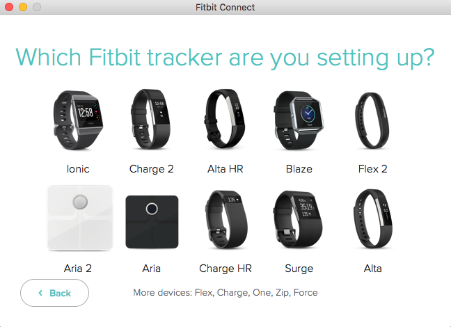 Fitbit Connect software with list of Fitbit trackers. Screenshot.
