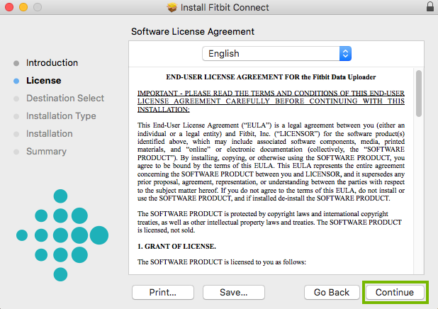 Installer lincense with continue buttonhighlighted