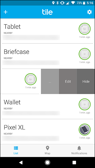 Device options showing on main screen of mobile app